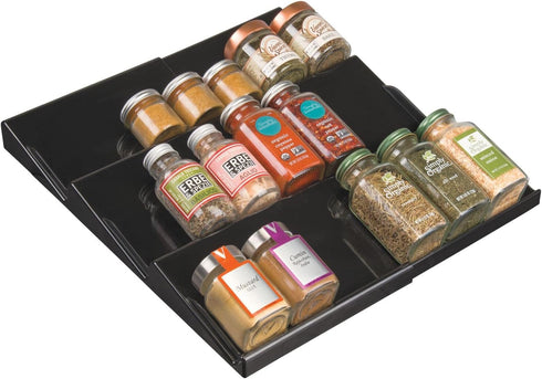 mDesign Expandable Plastic Deluxe Spice Rack, 3 Tier Slanted Drawer Organizer for Kitchen Cabinets