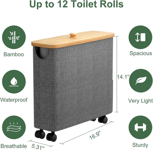 9 1 Pack Bamboo Toilet Paper Storage with Lid and Wheels, Bathroom Toilet Storage Basket with Handle, Paper Storage