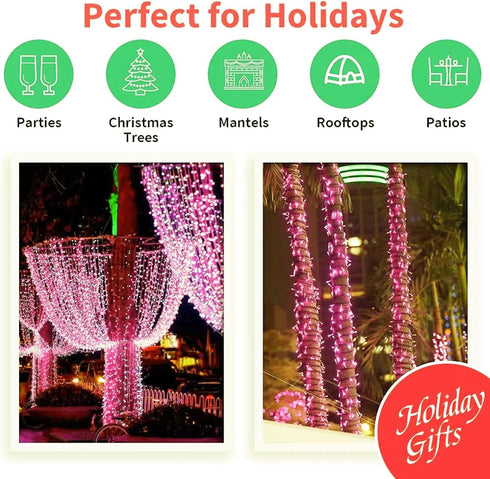 Super-Bright Extendable Pink Christmas Lights - 100 Lights 19.6ft Mini Bulb String Set for Outdoor Holiday Decor