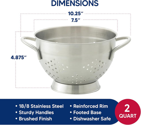 HIC Kitchen 18/8 Stainless Steel Pierced Colander - 7.5-Inch Bowl, 2-Quart Capacity