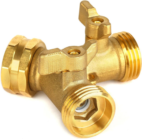 AuySier 2 Garden Hose Splitter Way Heavy Duty, Brass Faucet Adapter With Long Handle For Gardening Water Hose Shut Off