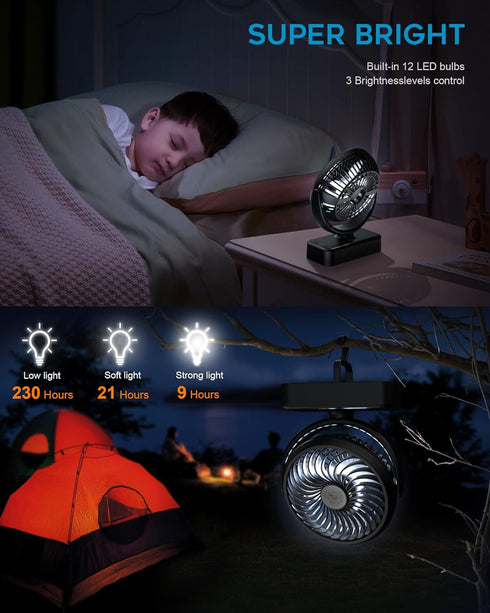 Portable Camping Fan with LED Lights, Small Tent Fan, 40 Working Hours Rechargeable USB Battery Fan for Travel &