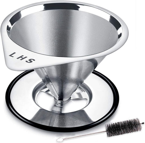 LHS Stainless Steel Pour Over Coffee Dripper - Reusable Metal Cone Filter - Single Cup Coffee Maker 1-4 Cup