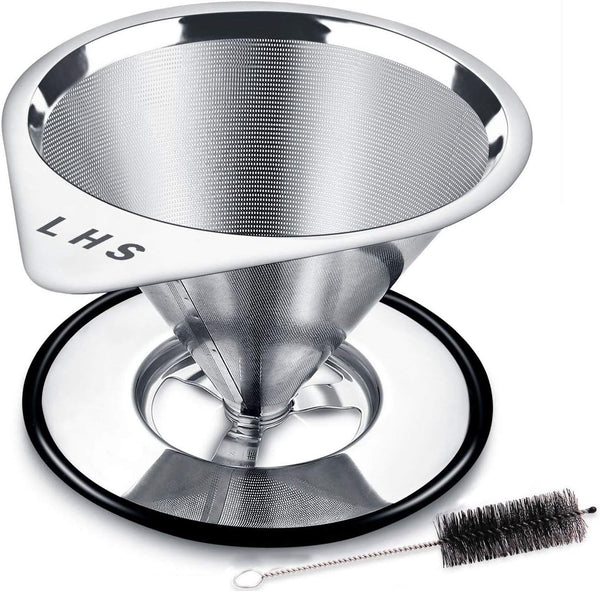 LHS Stainless Steel Pour Over Coffee Dripper - Reusable Metal Cone Filter - Single Cup Coffee Maker 1-4 Cup
