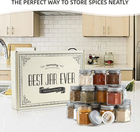 Homazing Set 24 of Hexagon Glass Spice Jars with Shaker Lids and Labels for Refrigerator, Kitchen, RV Travel Trailer