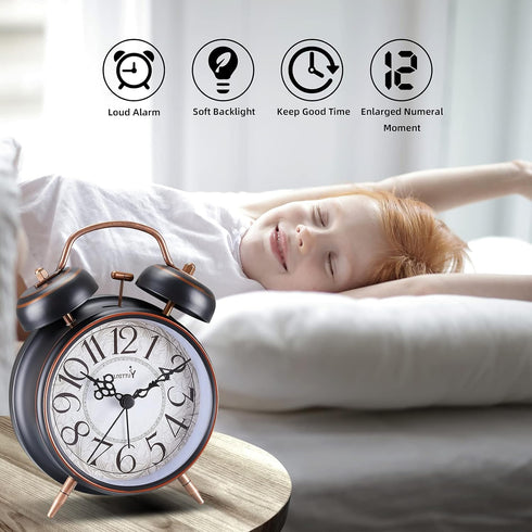 Loud Alarm for Deep Sleepers, 4'' Retro Twin Bell Alarm Clock with Backlight for Bedroom and Home Decoration (Retro