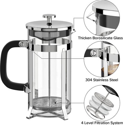French Press Coffee Maker, 304 Stainless Steel, 4 Filters, Borosilicate Glass, 21 Ounce, Silver
