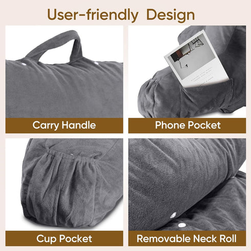 25''H Reading Pillow for Sitting in Bed Adult, Bed Pillow with Shredded Memory Foam, Pillow with Detachable Neck Roll