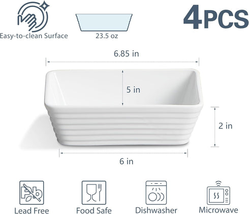 ONEMORE Set of 4 Ceramic Baking Dishes, 5x7-inch White Individual Casserole Dishes for Toaster Oven, Stylish and