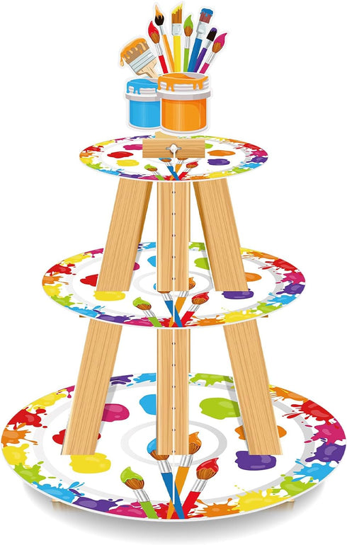 3 Tier Art Paint Party Cupcake Stand, Multicolor Party Holder for Paintbrush Birthday Party Supplies