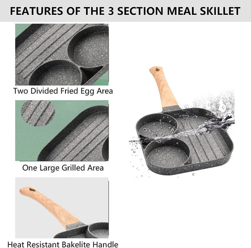 JUSTUP Nonstick Egg Frying Pan, 3-in-1 Divided Grill Frying Pan, Heat Resistant Handle for Breakfast Cooking