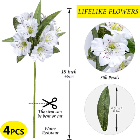 Alstroemeria Artificial Flowers, 18 Long Stems Faux Bouquet Silk Petals for Wedding Decoration, 4pcs (White)
