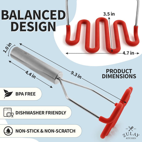 Zulay Kitchen Non-Scratch Potato Masher - Heavy-Duty Stainless Steel & Silicone Hand Masher, Red