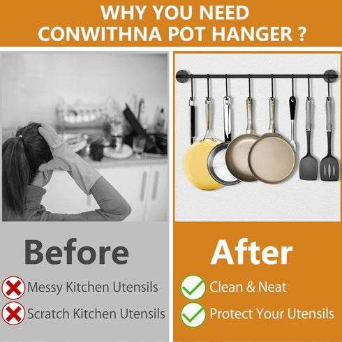 Black Steel Kitchen Utensil Rack Organizer, Wall-mounted Pot Pan Hanger Holder with 10 S Hooks