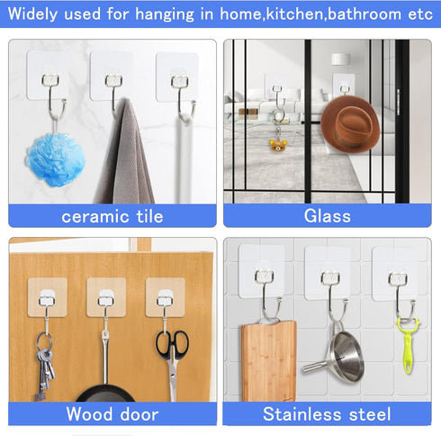 30 Packs Large Heavy Duty Adhesive Wall Hooks, 44lb Max Hold, Transparent Waterproof Rustproof Sticky Hooks for Home