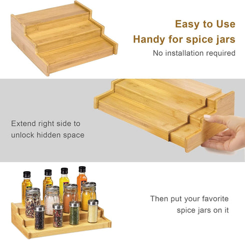 Spice Rack Organizer for Cabinet, 3 Tier Expandable Bamboo Storage for Kitchen Cabinet, Cupboard, Pantry