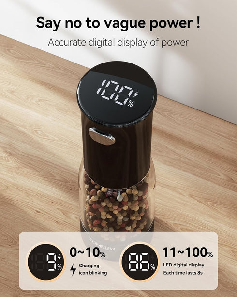 Set 5-Level 4.5oz TOMEEM Electric Salt and Pepper Grinder Rechargeable with LED Power Indicator, Adjustable Grinding
