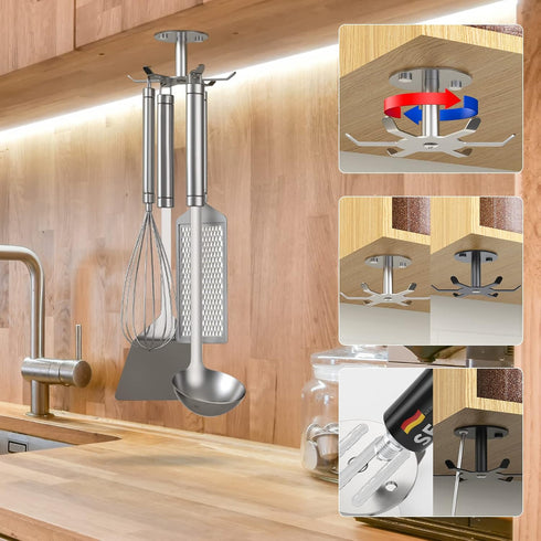 2pcs Under Cabinet Hooks Rotating Kitchen Utensil Holder 304 Stainless Steel Adhesive Utensil Hanging Rack for Kitchen Utensils/Tools/Towel/Knife(2, Brushed Nickel) by Funnacle