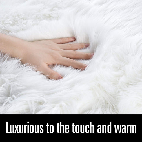 LOCHAS Deluxe Super Soft Fluffy Shaggy Faux Sheepskin Rug for Bedroom, 2ft x 3ft, Ivory White
