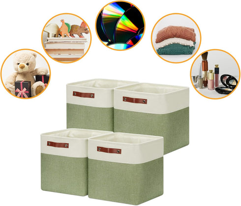 DULLEMELO Storage Basket, Linen Closet Organizers and Storage Baskets for Home Office, 4 Pack (12" White & Green)