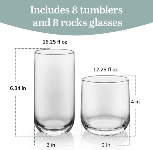 Libbey Ascent Set of 16 Drinking Glasses - Curvature Tumbler and Rocks Glasses, Versatile Glassware for Parties