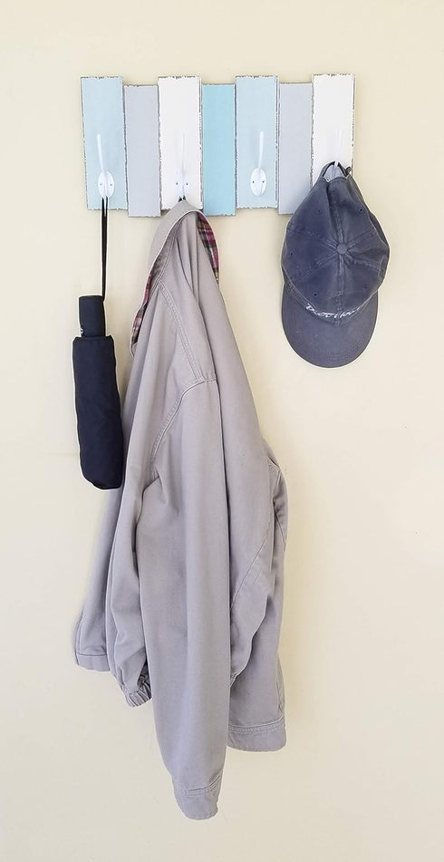 Beachy Wood Wall Rack Tumbler Home - 4 Double Metal Hooks, Distressed Finish, 16 inch x 8 inch Decor