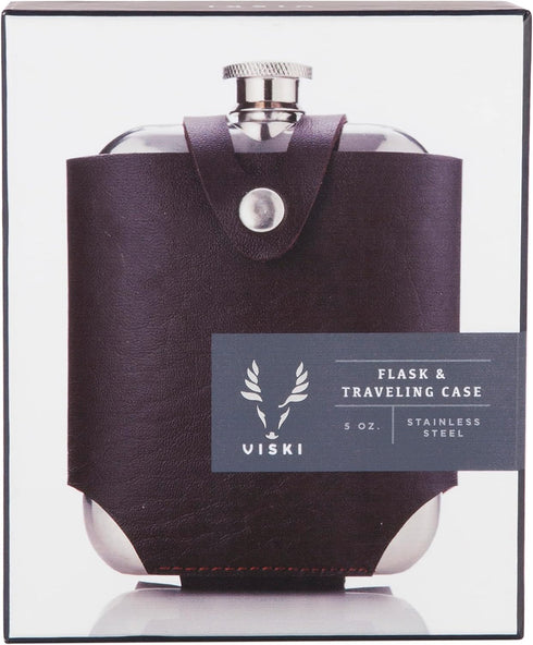 Viski Stainless Steel Flask with Traveling Case, Leather Wrap, 5oz, Brown