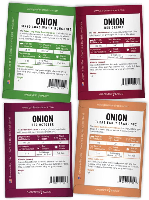 8 Summer, Gardeners Basics, Onion Seeds for Planting - Long and Short Day Varieties Yellow, Red, White, Sweet and Green