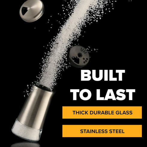 The Original Salt and Pepper Shakers Set - Silver Spice Dispenser with Adjustable Pour Holes, Stainless Steel, 2 Bottles