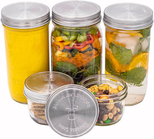 Mason Jar Lifestyle 5 Pack Stainless Steel Storage Lids - Heavy Duty Caps for Wide Mouth Jars, Airtight Design