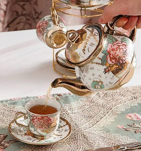 CHANJOON Set, Set 6 Gold Plated Red Rose Ceramic Tea Vintage Teapot, Beautiful Tea Coffee Serving People (Golden