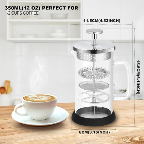 Mini French Press Coffee Maker-304 Stainless Steel Grilles, Borosilicate Glass Small Coffee Press,Non-slip Silicone Base-12 oz /350 ml with 2 Filter Screen-2 Cup Teapot by Nukeekee