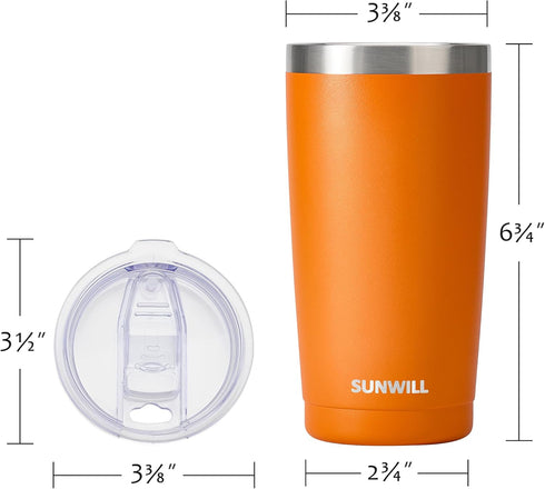 SUNWILL Travel Coffee Tumbler 20 oz - Insulated Mug with Lid, Stainless Steel Cup for Hot and Cold Drinks, Orange