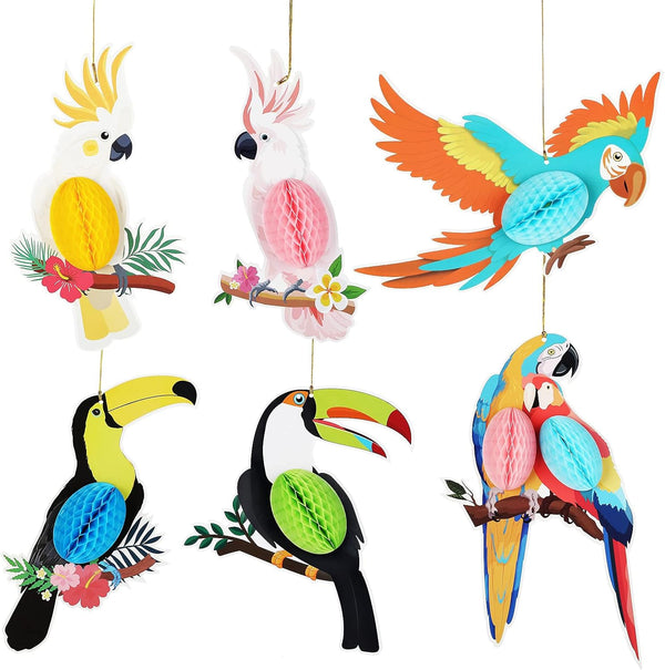 6 Pieces Tropical Parrot Birds Honeycomb Paper Cutouts - Hanging Luau Party Decorations for Summer Events