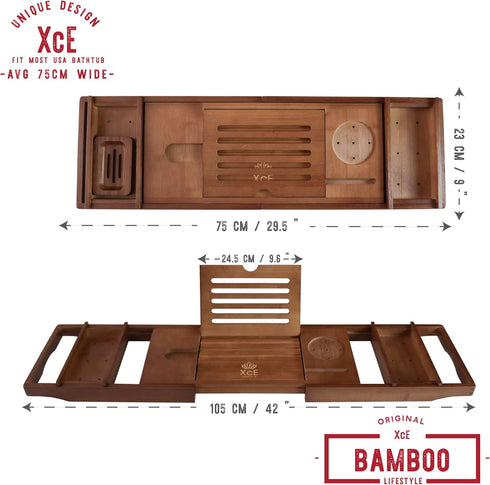 XcE Bathtub Caddy Tray, Expandable to 105cm, with Bamboo Book Stand and Soap Tray, Brown
