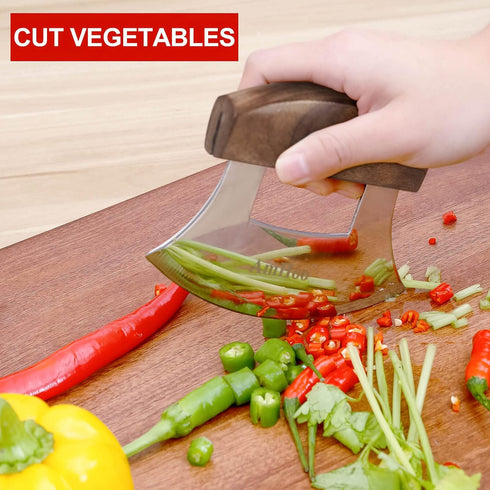 AmHoo Pizza Cutter Chef Mezzaluna Ulu Knife Handle Walnut Wood Grip Sharp Rocker Slicer Stainless Steel Blade Salad