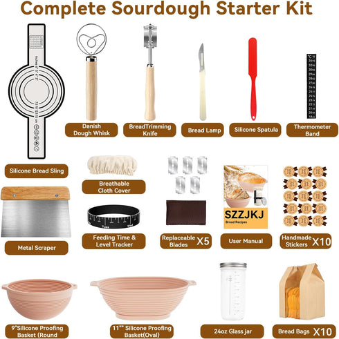 24PCS 9"Round 11"Oval Sourdough Starter Kit, Sourdough Bread Baking Supplies, & Banneton Bread Proofing Basket, Bread
