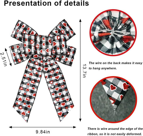 Hying 2 PCS Valentine's Day Bows for Wreath, Black White Buffalo Plaid Bows with Glitter Red Heart Bow for Party
