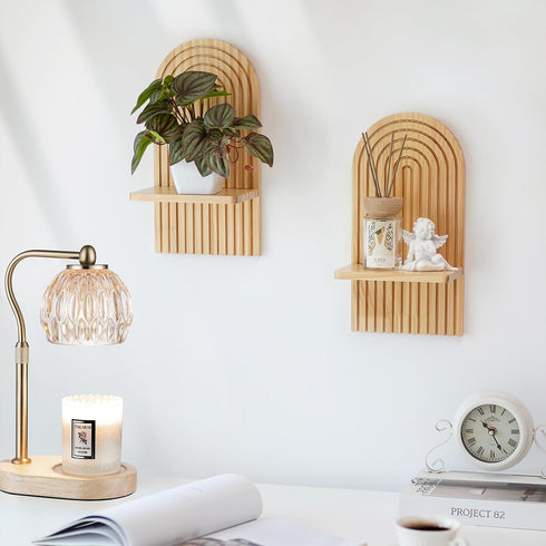 Set Boho Wall Decor of Two - Natural Modern Minimalist Mid Century Wall Candle Holder for Living Room - Wood Bohemian