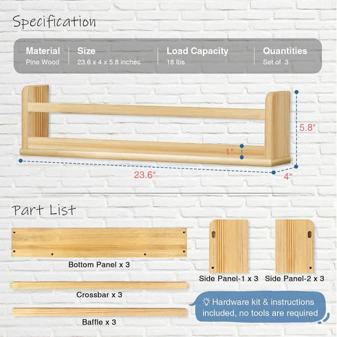 Set 3, 24 Inch Harwaya Natural Wood Wall Bookshelf for Kids Bedroom of Wooden Floating Nursery Book Shelves for Baby
