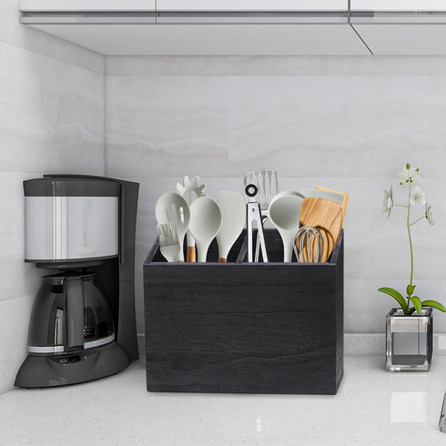 Wooden Kitchen Utensil Caddy - 2 Compartments Rustic Holder for Kitchen Countertop, Black