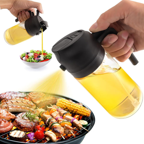 2 in 1 470ml Glass Oil Sprayer & Dispenser, Cooking Oil Spray Bottle for Kitchen, Salad, Baking, BBQ (Black)