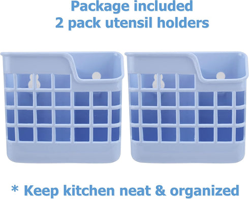 2 Pack Plastic Utensil Holder Silverware Organizer with Wall Mount, 2 Divided Compartments, Self Adhesive Drying Rack