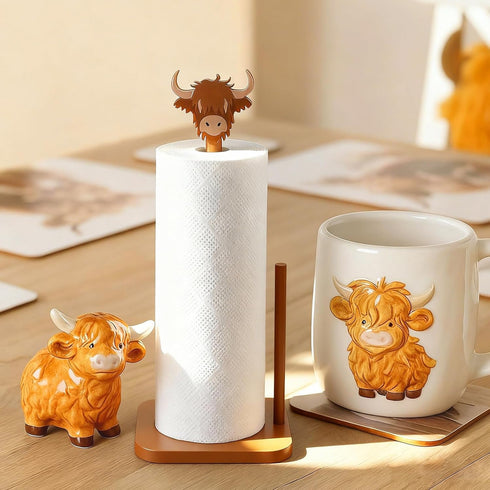 Leinuosen Countertop Brown Paper Towel Holder Cute Highland Cow Wooden Paper Towel Holder Brown Bathroom Accessories