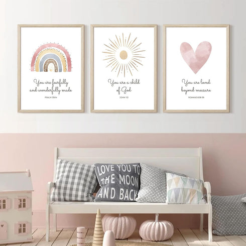 Pennclys 3 12x16 Inch Boho Nursery Wall Art Pieces Bible Verse Nursery Art Christian Girls Nursery Wall Art Heart