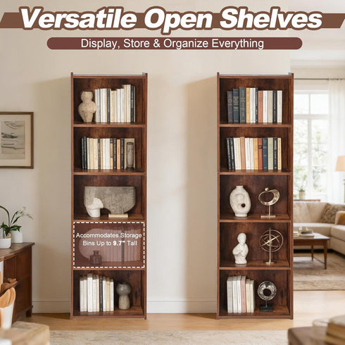 5-Tier ZENY Shelf Bookcase, Freestanding Wood Storage Display Open Bookshelf for Home Office (Rustic Brown)