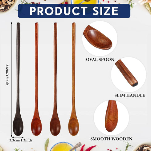 4 Pcs 13 Inch Long Handle Wooden Spoons for Cooking Long Handle Tasting Spoons Tea Spoon Wooden Utensils Vintage Stirrer Spoon for Kitchen Soup Coffee Cocktail Honey Mixing Stirring, 4 Colors