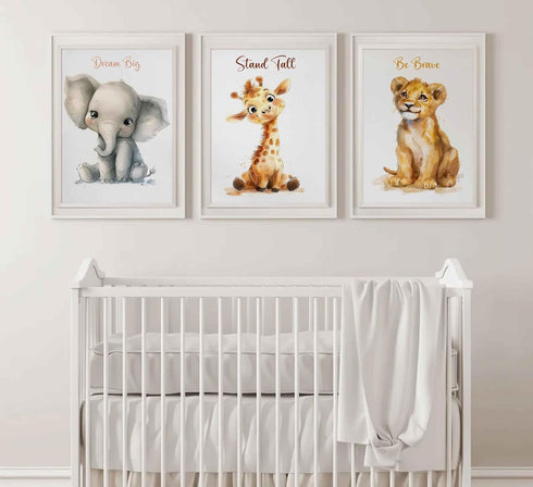3 Pcs Safari Nursery Canvas Wall Art Kids Cute Inspirational Animal Lion Giraffe Elephant Painting Picture Wall Decor