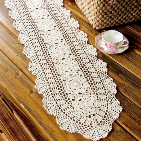 KEPSWET 100% Cotton Handmade Crochet Lace Oval Table Runner - Olive Green 12x60 Inch