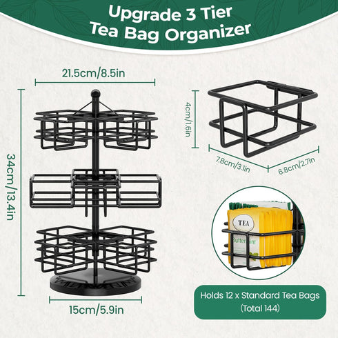 Counter 3 Packet EsLuker.ly Tea Bag Holder Organizer for Tier Metal Teabag Storage Rack, Spinning Carousel Display